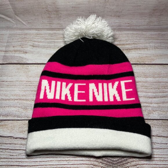 Vintage Nike Pom Pom Beanie Hat Cap Spell Out PinkBlack White Striped Y2K - Picture 2 of 3